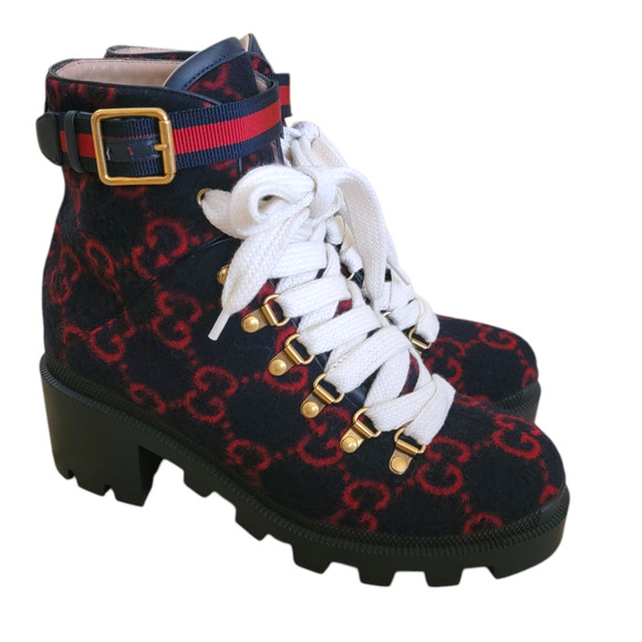 Gucci GG Monogram Wool Lace-Up Web Combat Platform Boots Navy Red 37.5 7.5 - Picture 8 of 13